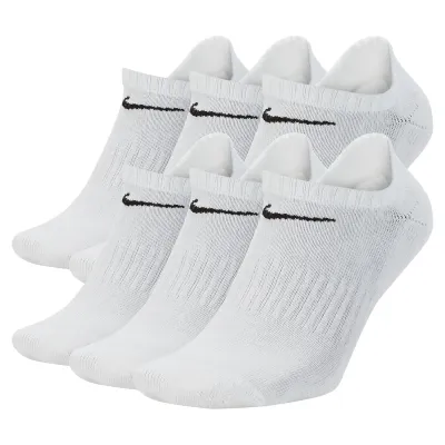 Six pairs of white Nike no-show socks featuring black Swoosh logos and cushioned athletic construction.