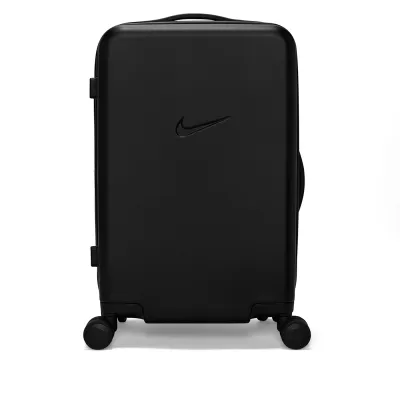 Nike carry-on suitcase black back view with minimal Swoosh logo and four wheels