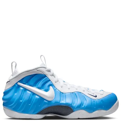 Nike Air Foamposite Pro side profile showing molded blue Foamposite shell and white Swoosh