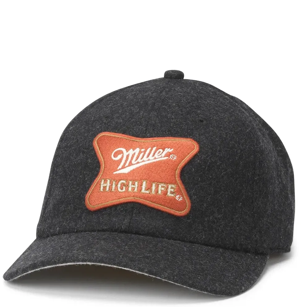 Front view of American Needle Miller High Life hat in black with vintage embroidered logo patch