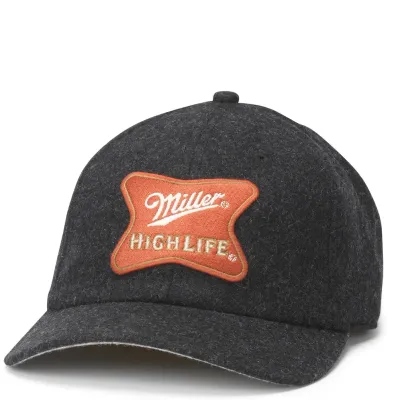 Front view of American Needle Miller High Life hat in black with vintage embroidered logo patch
