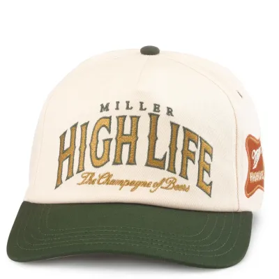 Front view of Miller High Life hat with embroidered “The Champagne of Beers” logo on cream crown and green brim