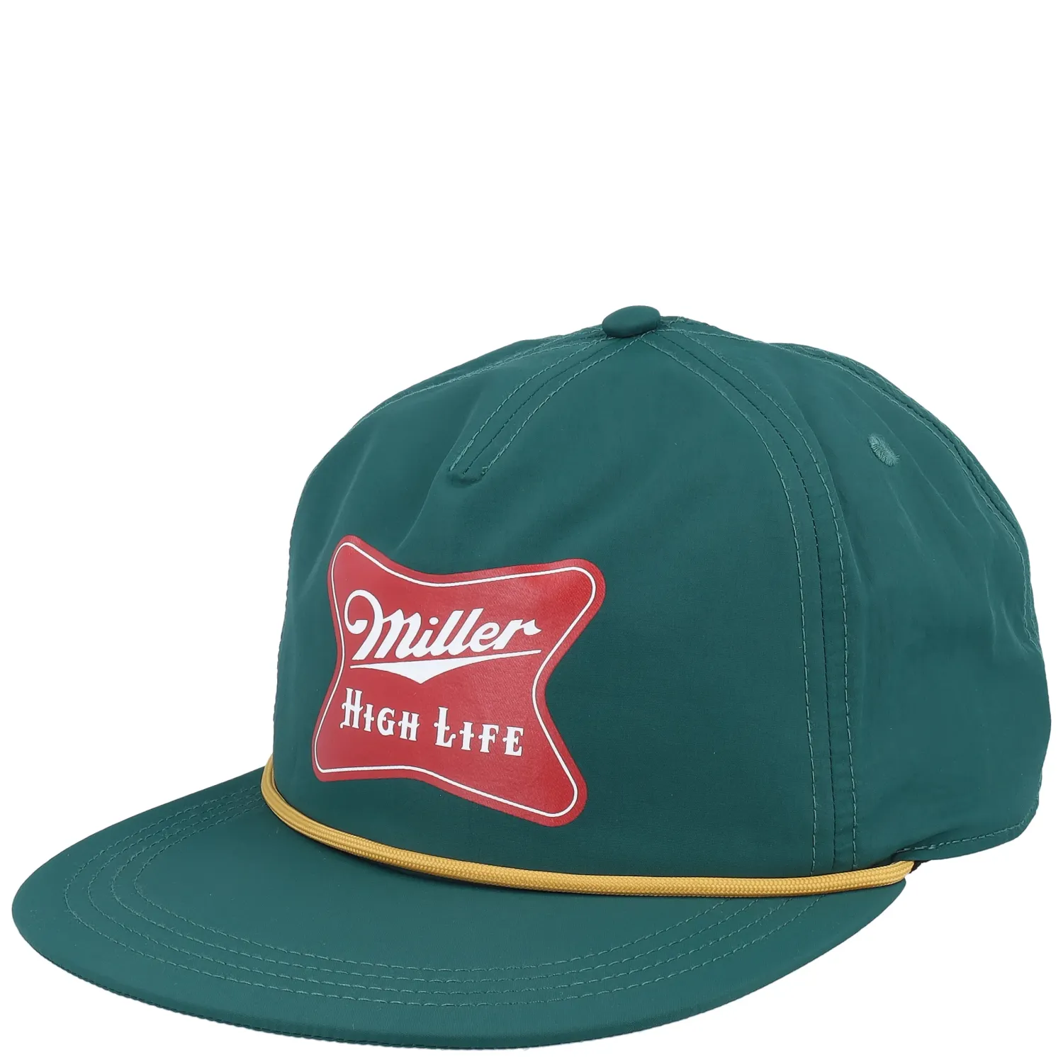 Front view of green Miller High Life hat with red logo patch and yellow rope detail across the brim