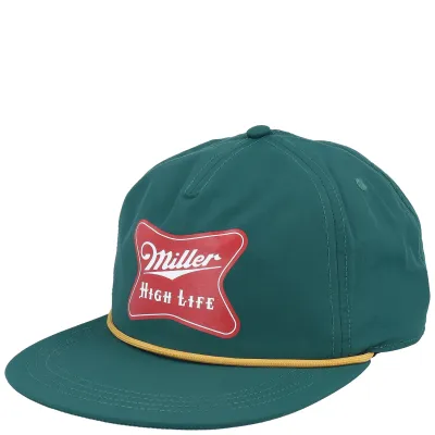 Front view of green Miller High Life hat with red logo patch and yellow rope detail across the brim
