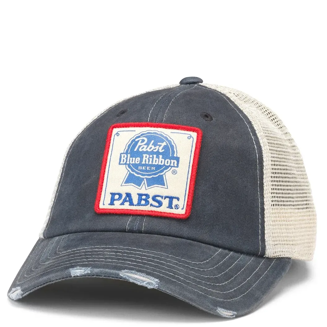 Front view of American Needle Pabst Blue Ribbon trucker hat with vintage logo patch and distressed brim