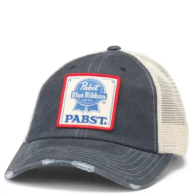 Front view of American Needle Pabst Blue Ribbon trucker hat with vintage logo patch and distressed brim