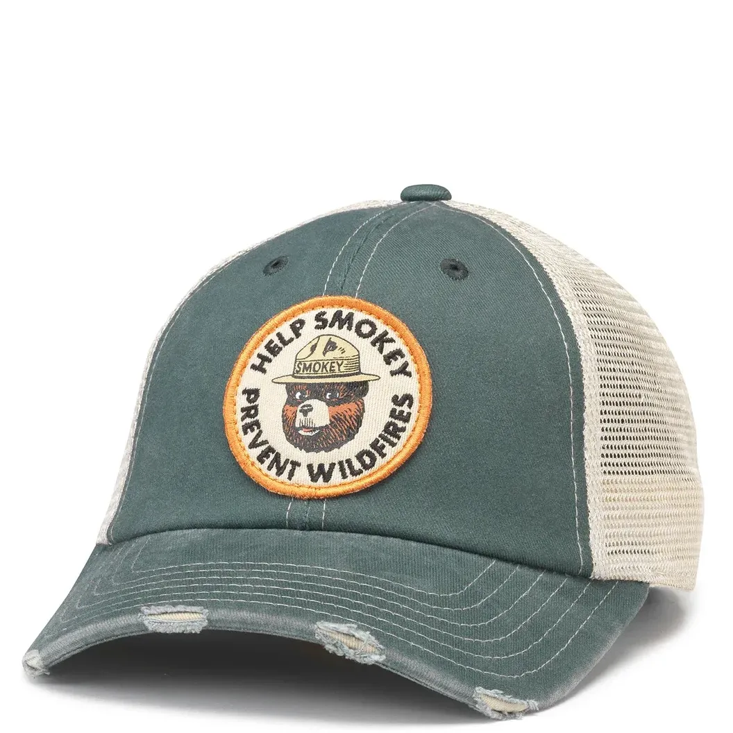 Front view of American Needle Smokey Bear trucker hat with “Prevent Wildfires” patch and distressed brim