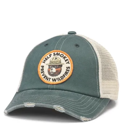 Front view of American Needle Smokey Bear trucker hat with “Prevent Wildfires” patch and distressed brim