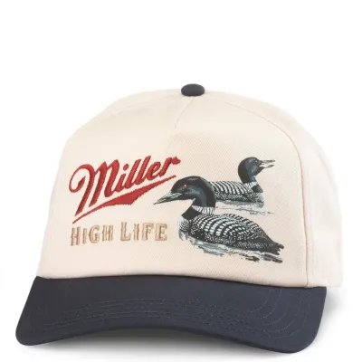 Front view of Miller High Life hat with embroidered script logo and duck graphic on cream crown with navy brim