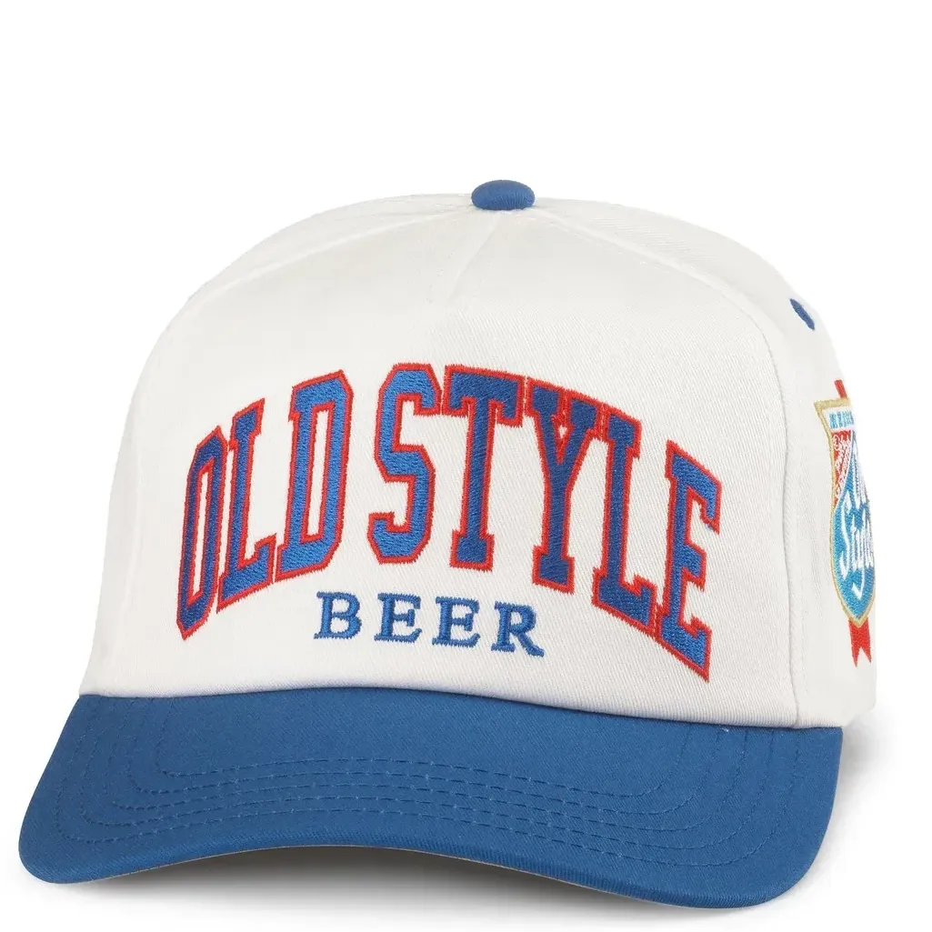 Front view of Old Style Beer hat with bold embroidered logo on white crown and blue curved brim