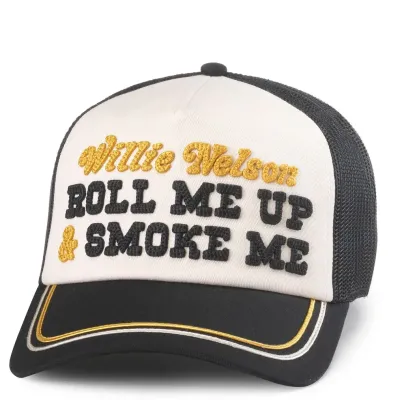 Front view of Willie Nelson trucker hat with “Roll Me Up &amp; Smoke Me” embroidered text on white foam panel