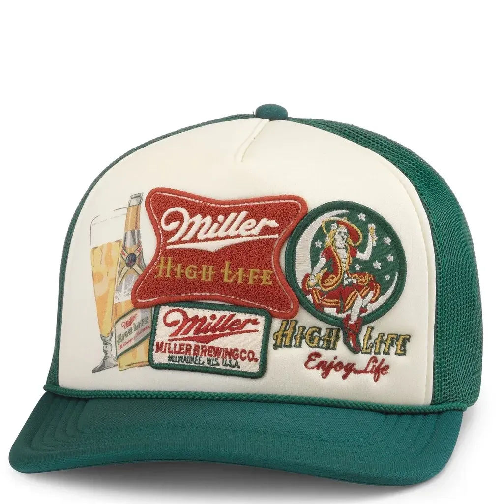 Front view of green and cream Miller High Life foam trucker hat with multiple vintage logo patches
