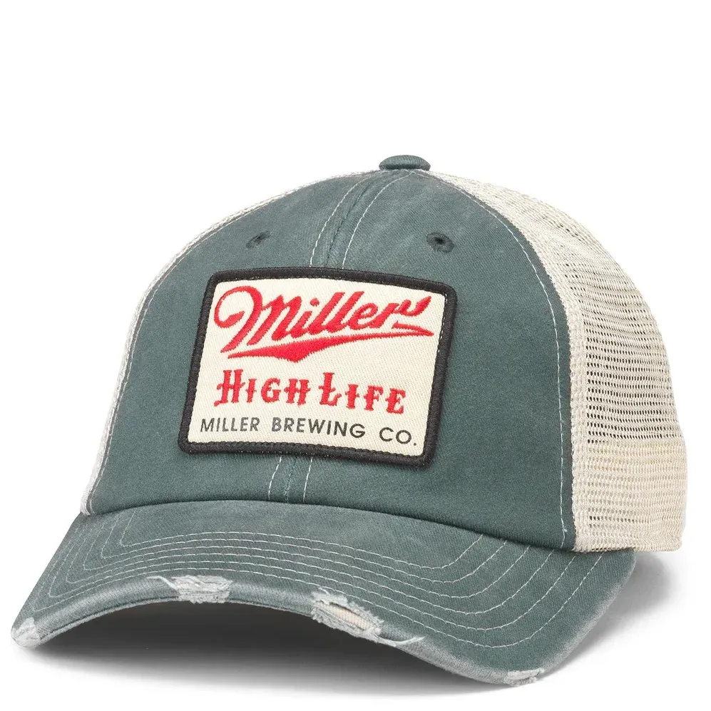 Front view of American Needle Miller High Life trucker hat with vintage logo patch and distressed brim