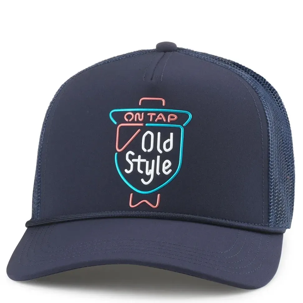 Front view of navy Old Style trucker hat with neon-style “On Tap Old Style” graphic