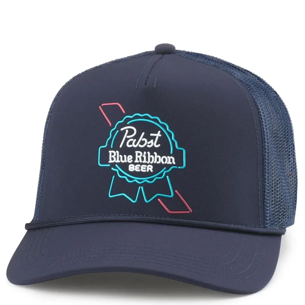 Front view of navy Pabst Blue Ribbon trucker hat with neon-style logo graphic