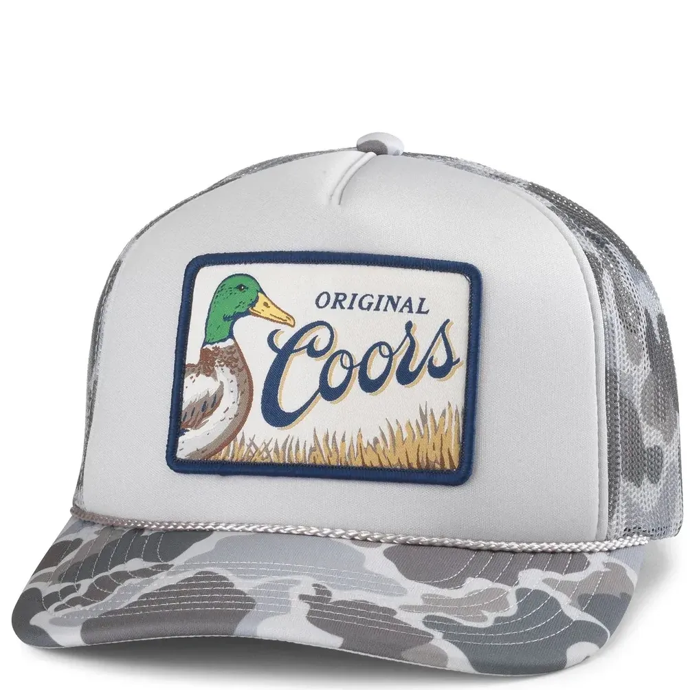 Front view of Coors trucker hat with mallard duck patch, white foam crown, and camo brim