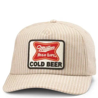 Front view of beige pinstripe Miller High Life Tulsa hat with embroidered “Cold Beer” patch logo