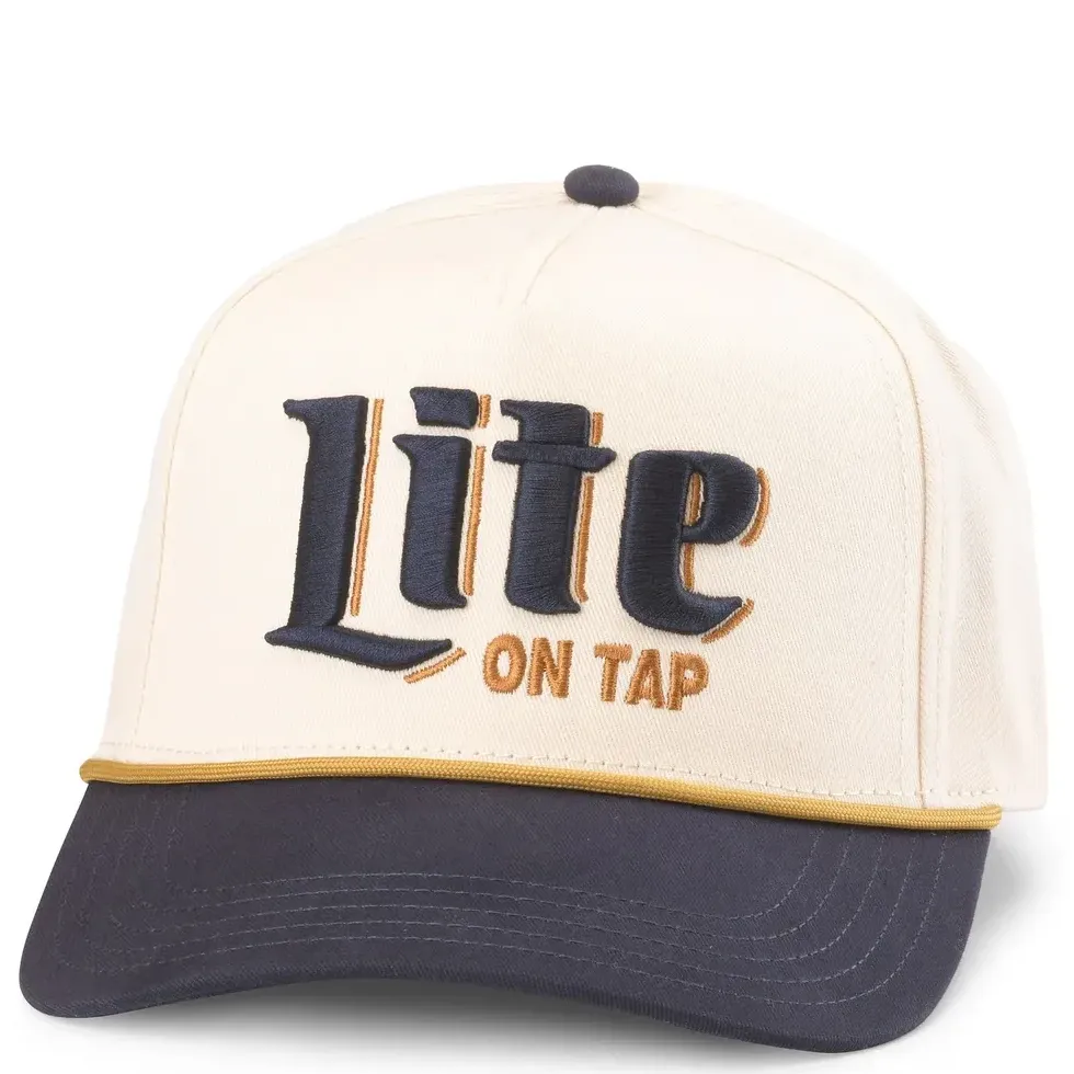Front view of cream and navy Miller Lite snapback hat with bold embroidered “Lite On Tap” logo