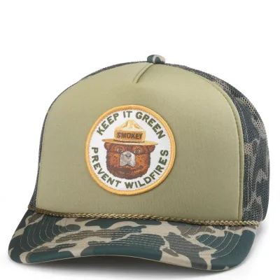 Front view of Smokey Bear trucker hat with “Keep It Green Prevent Wildfires” patch and camo brim