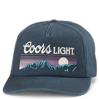 Front view of Coors Light snapback hat with mountain graphic and sunset stripe design on blue crown