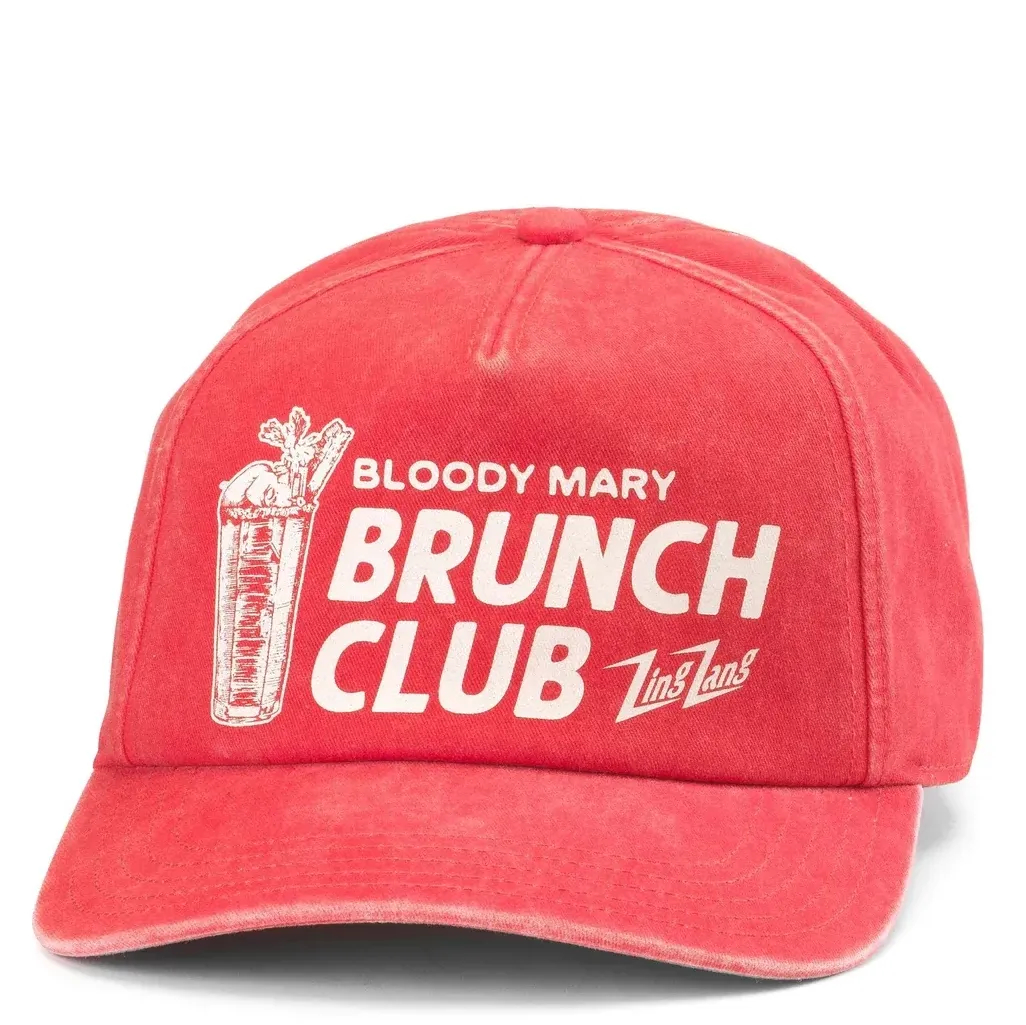 Front view of red Zing Zang Bloody Mary snapback hat with bold “Brunch Club” graphic and cocktail illustration