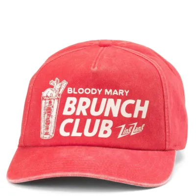 Front view of red Zing Zang Bloody Mary snapback hat with bold “Brunch Club” graphic and cocktail illustration
