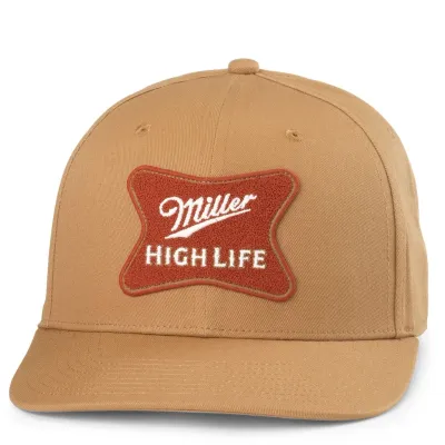 Front view of tan Miller High Life snapback hat with raised embroidered logo patch