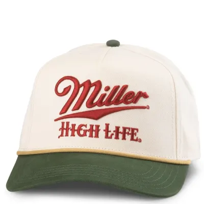 Front view of cream and green Miller High Life snapback hat with red embroidered logo