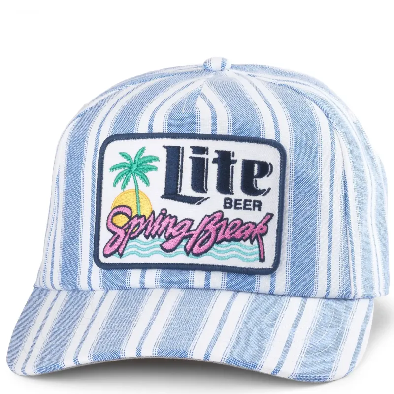 Front view of blue and white striped Miller Lite snapback hat with “Spring Break” beach graphic patch
