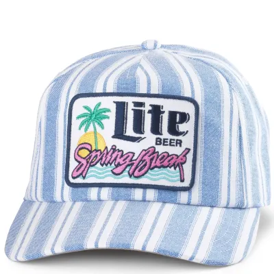Front view of blue and white striped Miller Lite snapback hat with “Spring Break” beach graphic patch