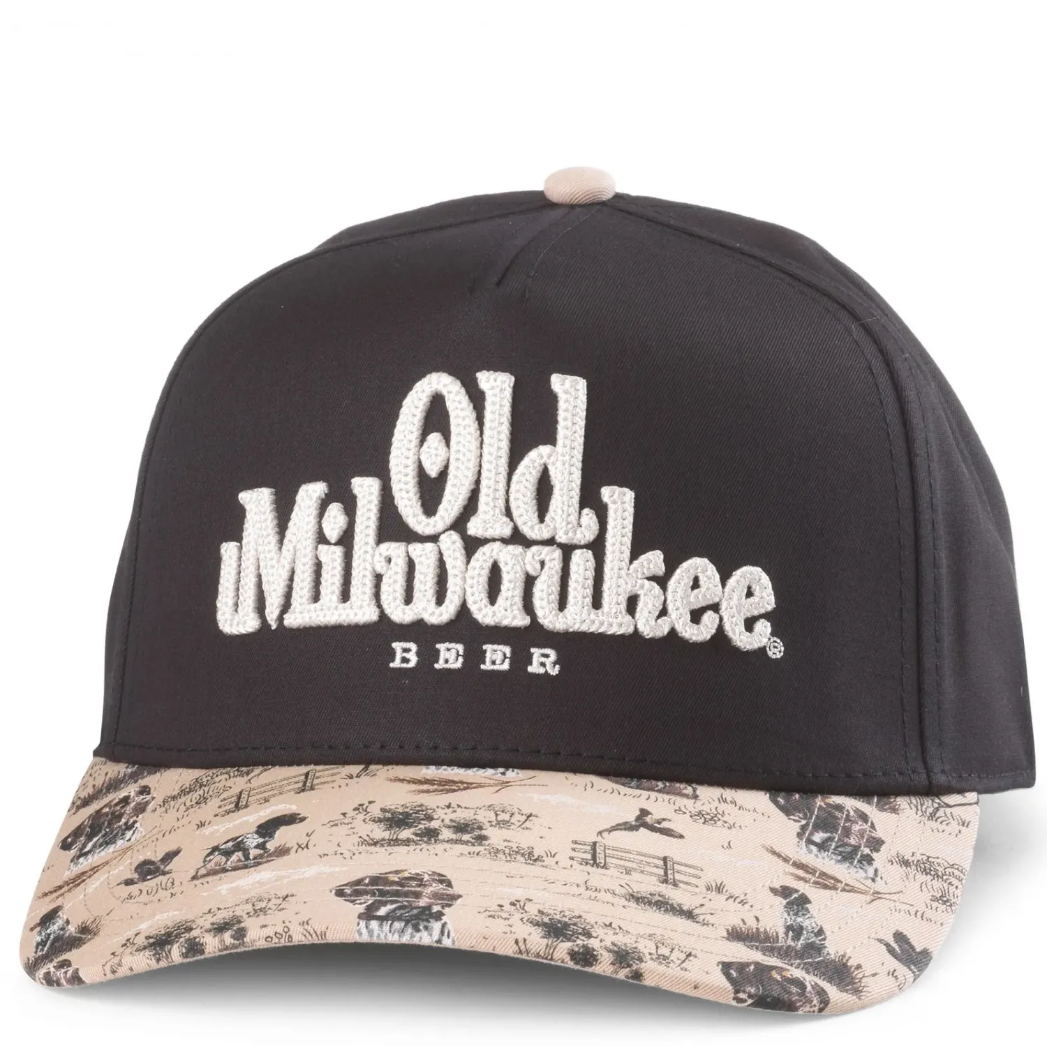 Front view of black Old Milwaukee snapback hat with raised white embroidery and wildlife print brim