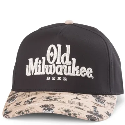 Front view of black Old Milwaukee snapback hat with raised white embroidery and wildlife print brim