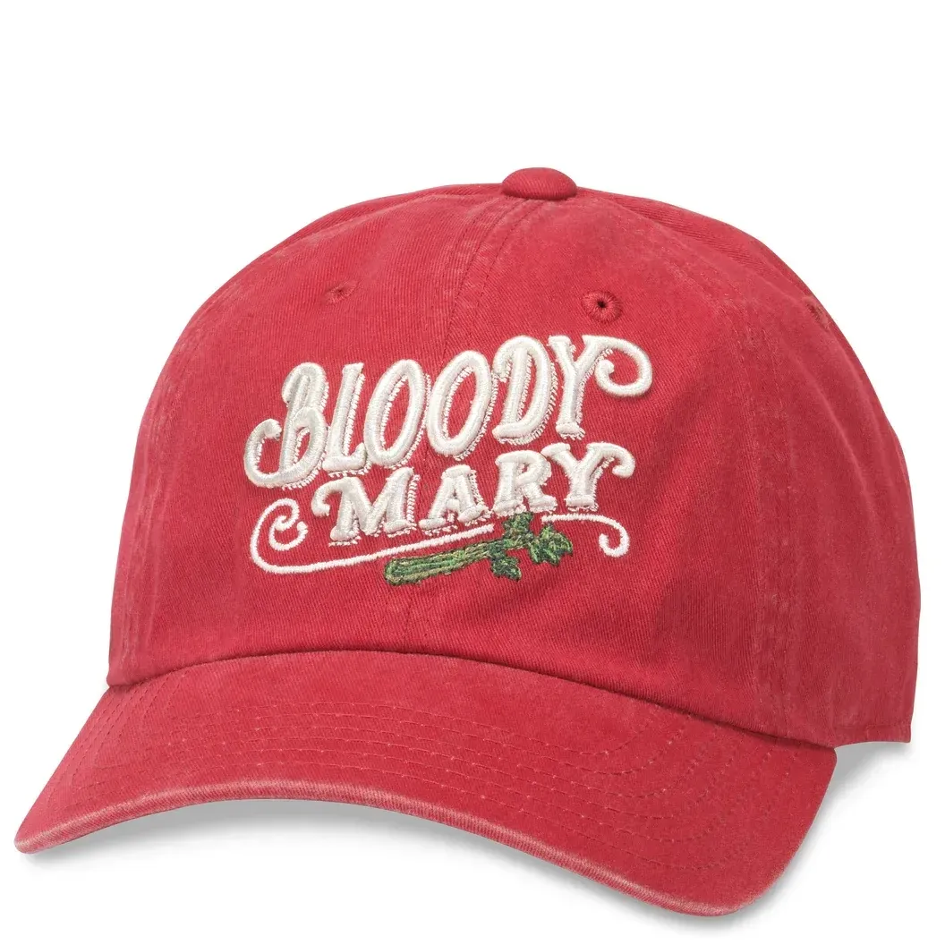 Front view of red vintage-style hat with embroidered “Bloody Mary” script and garnish graphic