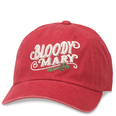 Front view of red vintage-style hat with embroidered “Bloody Mary” script and garnish graphic