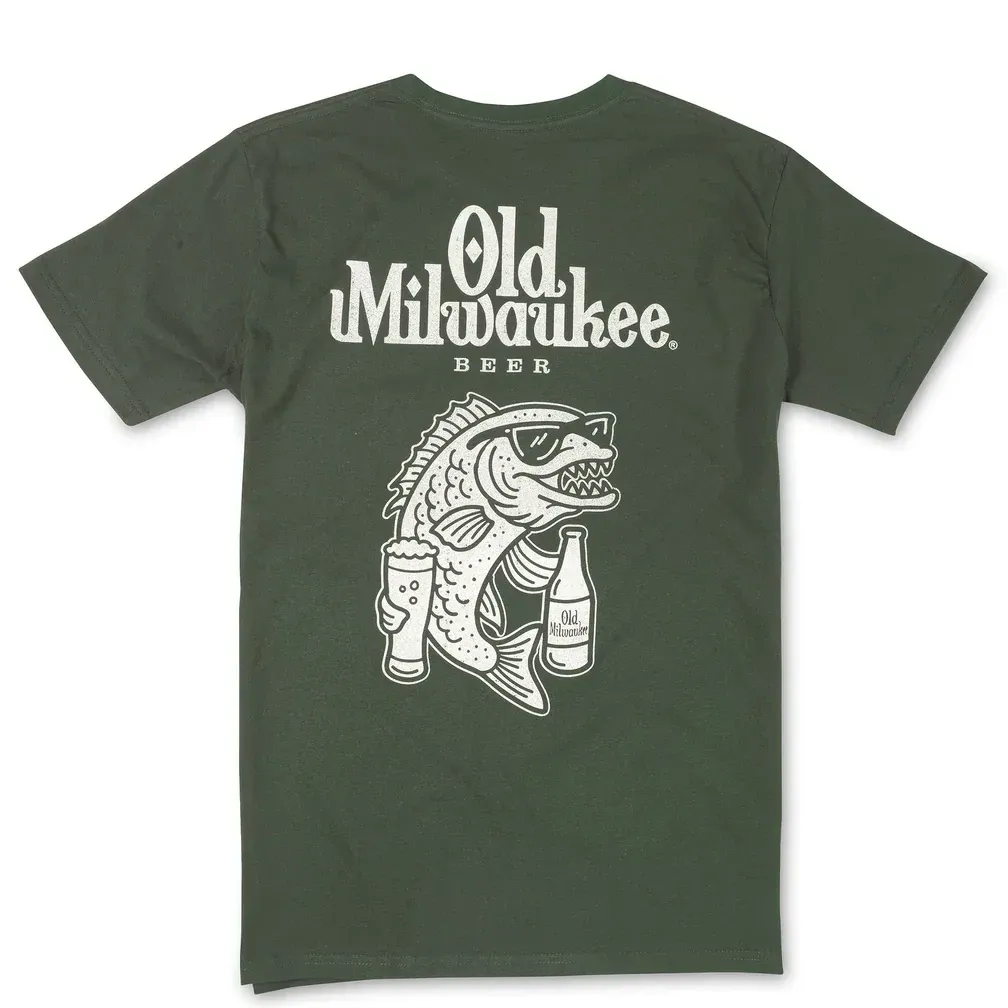 Back view of green t-shirt with large Old Milwaukee Beer graphic and fish holding beer