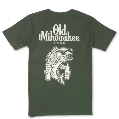 Back view of green t-shirt with large Old Milwaukee Beer graphic and fish holding beer