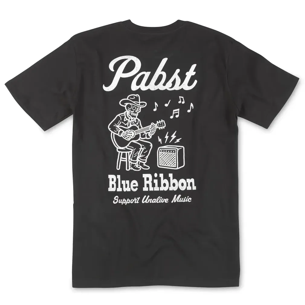 Back view of black tee with large PBR graphic featuring skeleton playing guitar and text