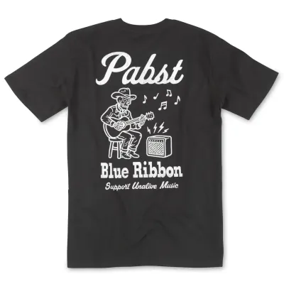 Back view of black tee with large PBR graphic featuring skeleton playing guitar and text