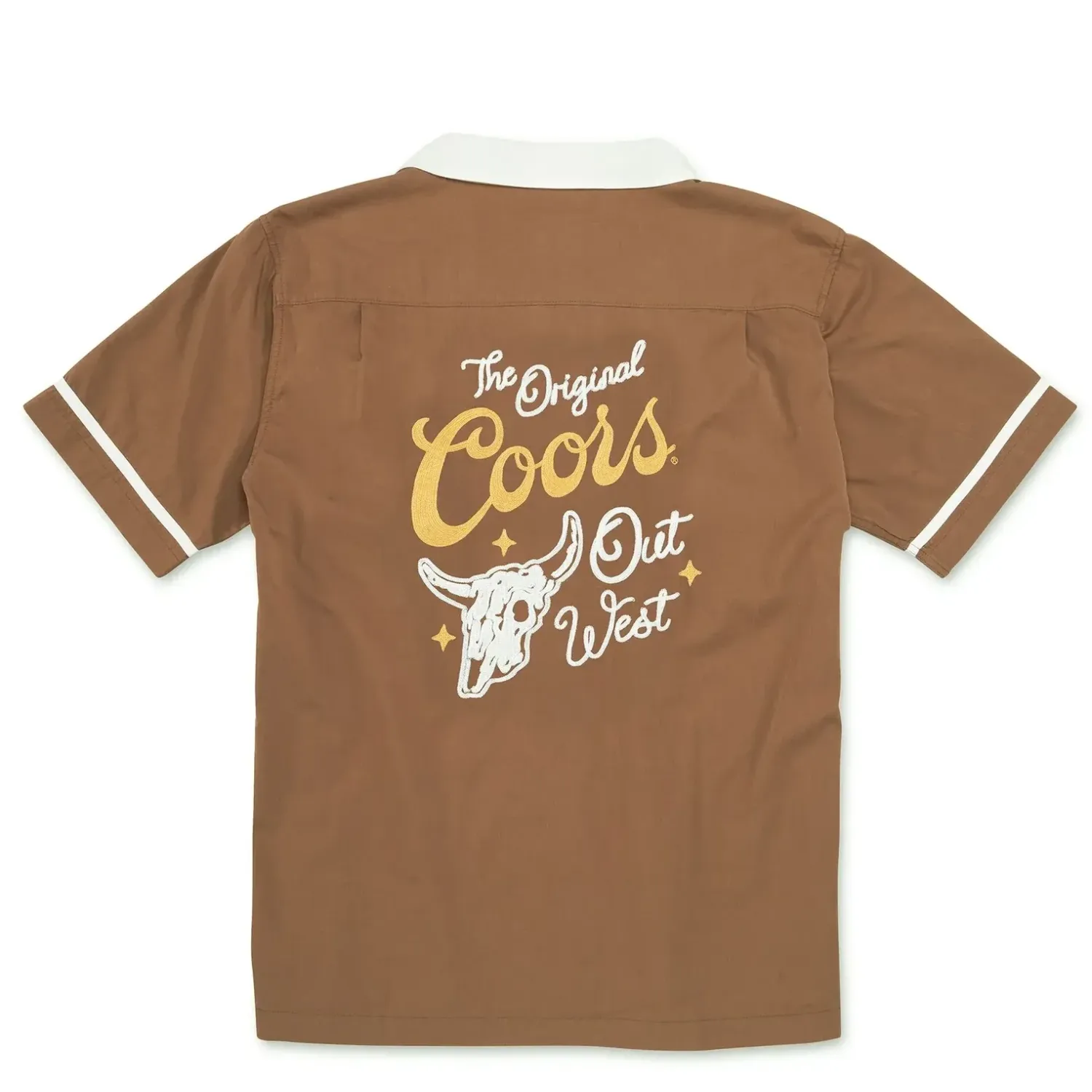 Back view of brown Coors button-up shirt with “The Original Coors Out West” graphic and steer skull