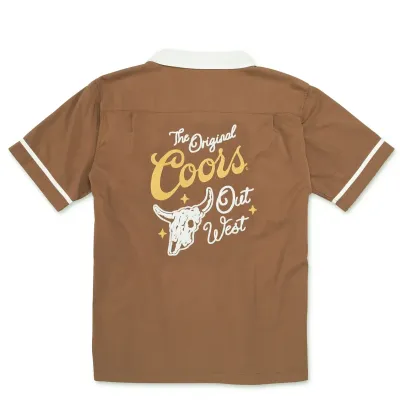 Back view of brown Coors button-up shirt with “The Original Coors Out West” graphic and steer skull