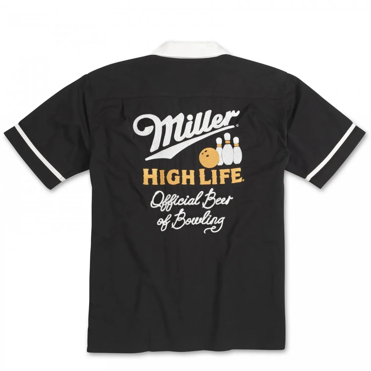 Back view of black shirt with large Miller High Life bowling graphic and text