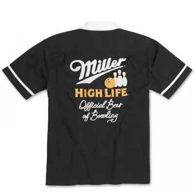 Back view of black shirt with large Miller High Life bowling graphic and text