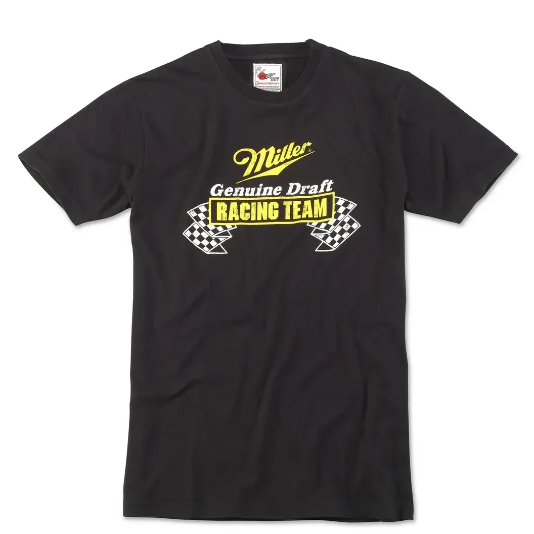 Front view of black Miller Genuine Draft Racing Team t-shirt with checkered flag graphics