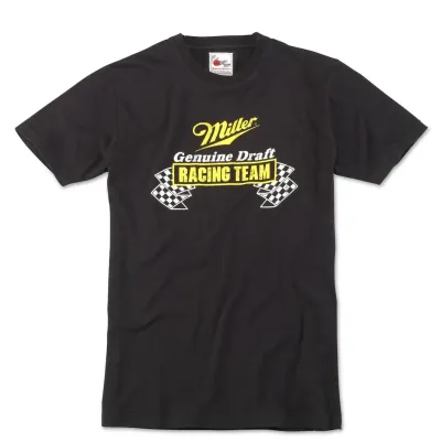 Front view of black Miller Genuine Draft Racing Team t-shirt with checkered flag graphics