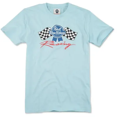Front view of light blue Pabst Blue Ribbon Racing t-shirt with checkered flag graphic