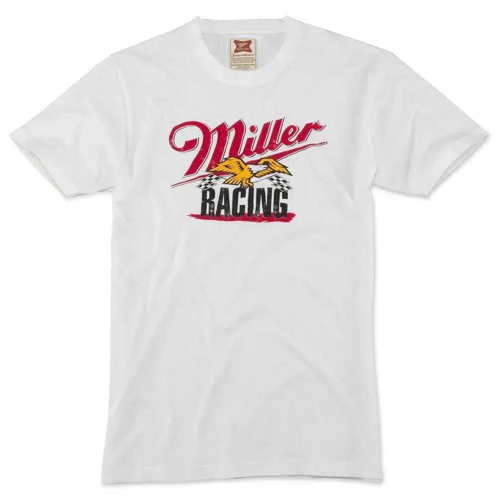 Front view of white Miller High Life Racing t-shirt with eagle and checkered flag graphic