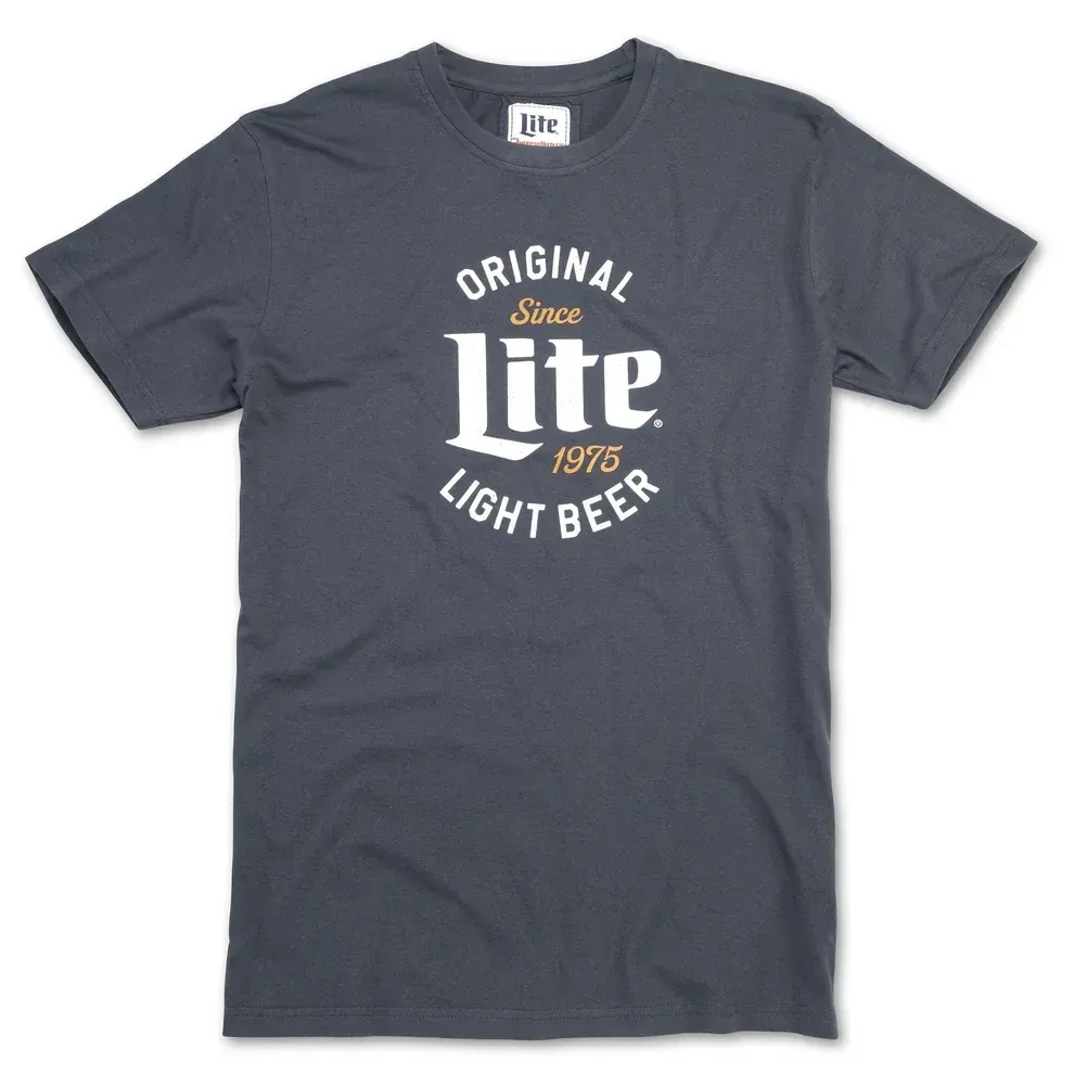 Front view of charcoal gray Miller Lite t-shirt with “Original Lite Light Beer 1975” graphic