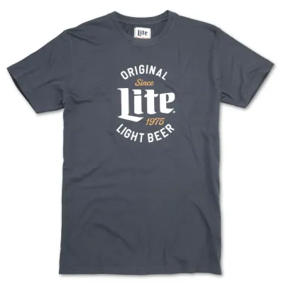 Front view of charcoal gray Miller Lite t-shirt with “Original Lite Light Beer 1975” graphic