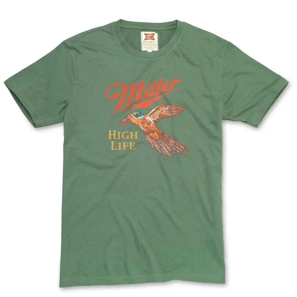 Front view of green Miller High Life t-shirt with flying pheasant graphic