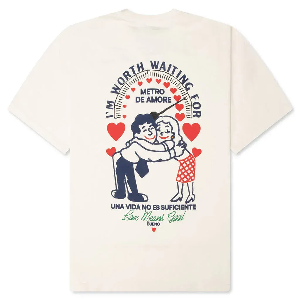 Bueno cream t-shirt back with cartoon couple hugging and Metro De Amore graphic